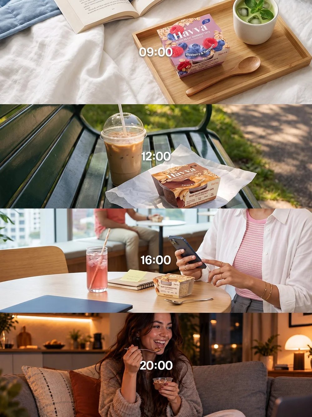 Havva through the day: breakfast in bed at 09:00, lunch on a park bench at 12:00, an afternoon snack at the office at 16:00 and an evening bite on the sofa at 20:00